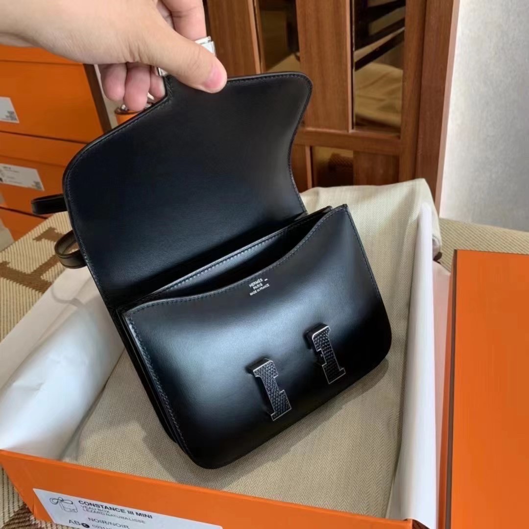 爱马仕康斯坦包 空姐包 HM Constance 18 Box calfskin CK89黑色 蜥蜴扣