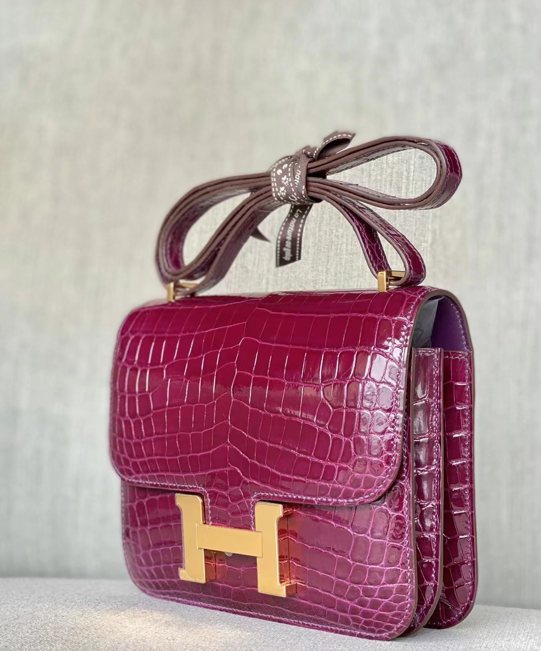 Hong Kong Factory HM Constance 18cm Shiny alligator crocodile L3 Rose Purple 玫瑰紫 金扣