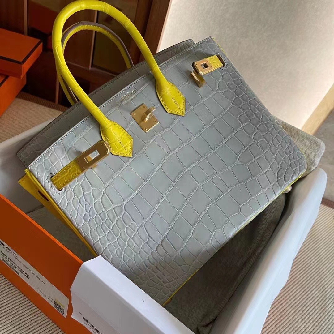 United Arab Emirates HM BK 25cm Matte Alligator Crocodile CC80 Griss Pearl / M9 Mimosa 金盏花黄