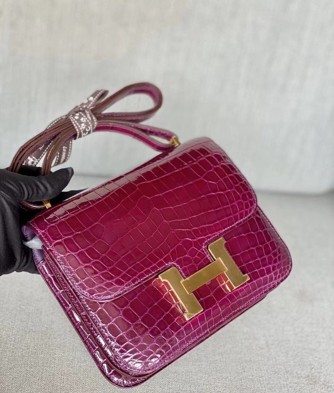 Hong Kong Factory HM Constance 18cm Shiny alligator crocodile L3 Rose Purple 玫瑰紫 金扣