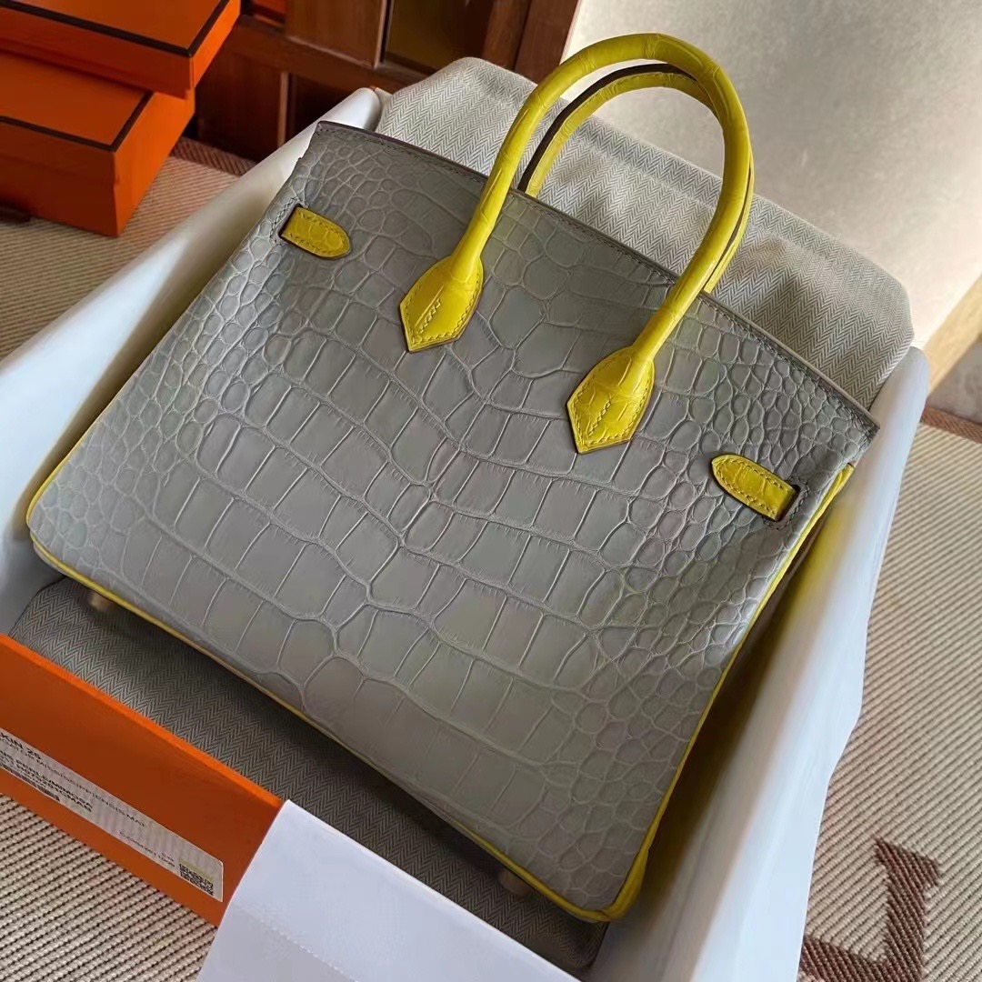United Arab Emirates HM BK 25cm Matte Alligator Crocodile CC80 Griss Pearl / M9 Mimosa 金盏花黄