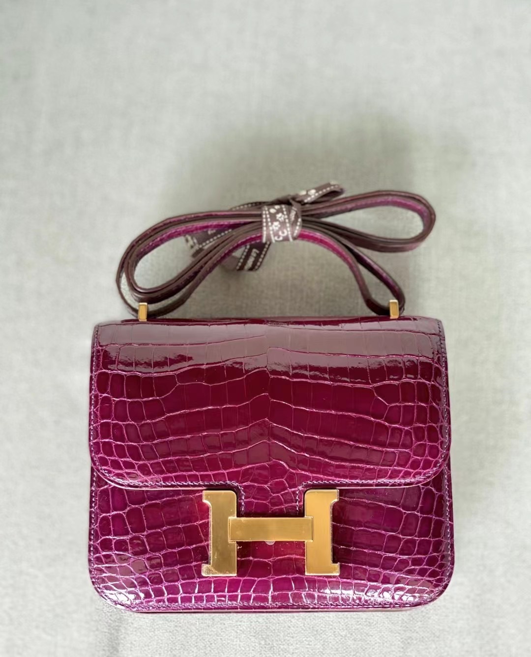 Hong Kong Factory HM Constance 18cm Shiny alligator crocodile L3 Rose Purple 玫瑰紫 金扣