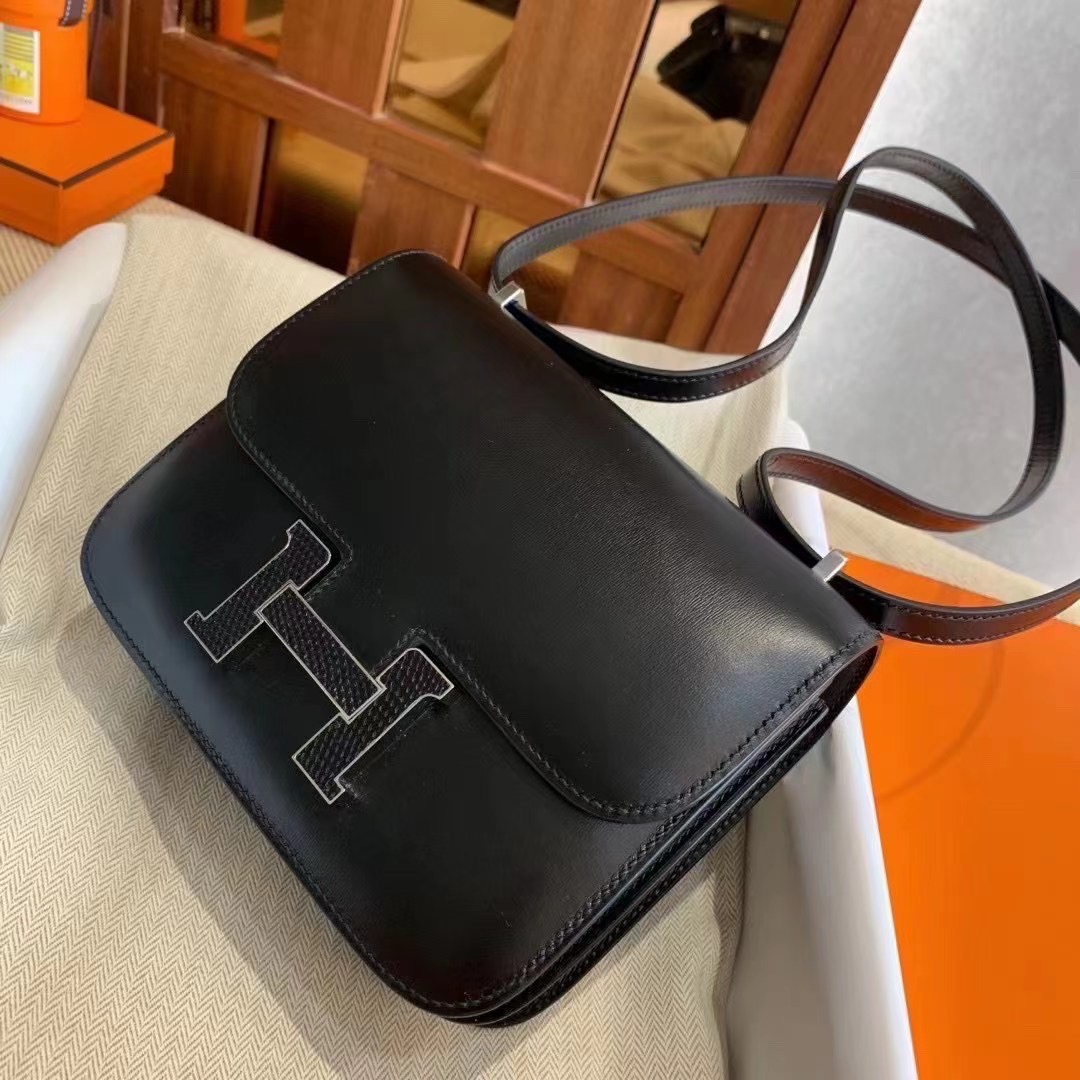 爱马仕康斯坦包 空姐包 HM Constance 18 Box calfskin CK89黑色 蜥蜴扣