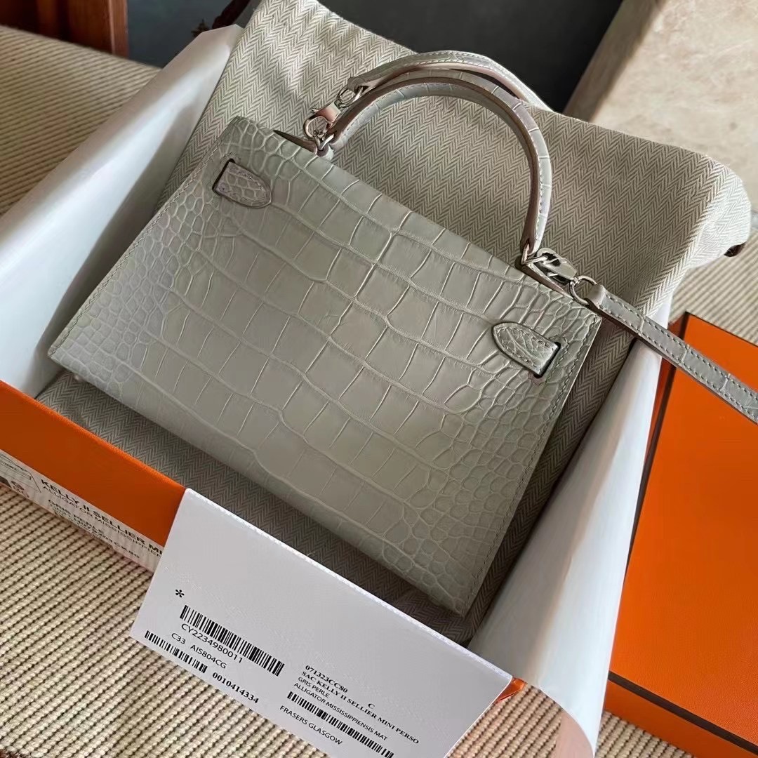 珠海横琴口岸 拱北爱马仕包包价格多少钱 HM KL Mini2 19cm 雾面方块 美洲鳄鱼Matte Alligator Crocodile CK80 Griss perle 珍珠灰 全手工蜜蜡线缝制