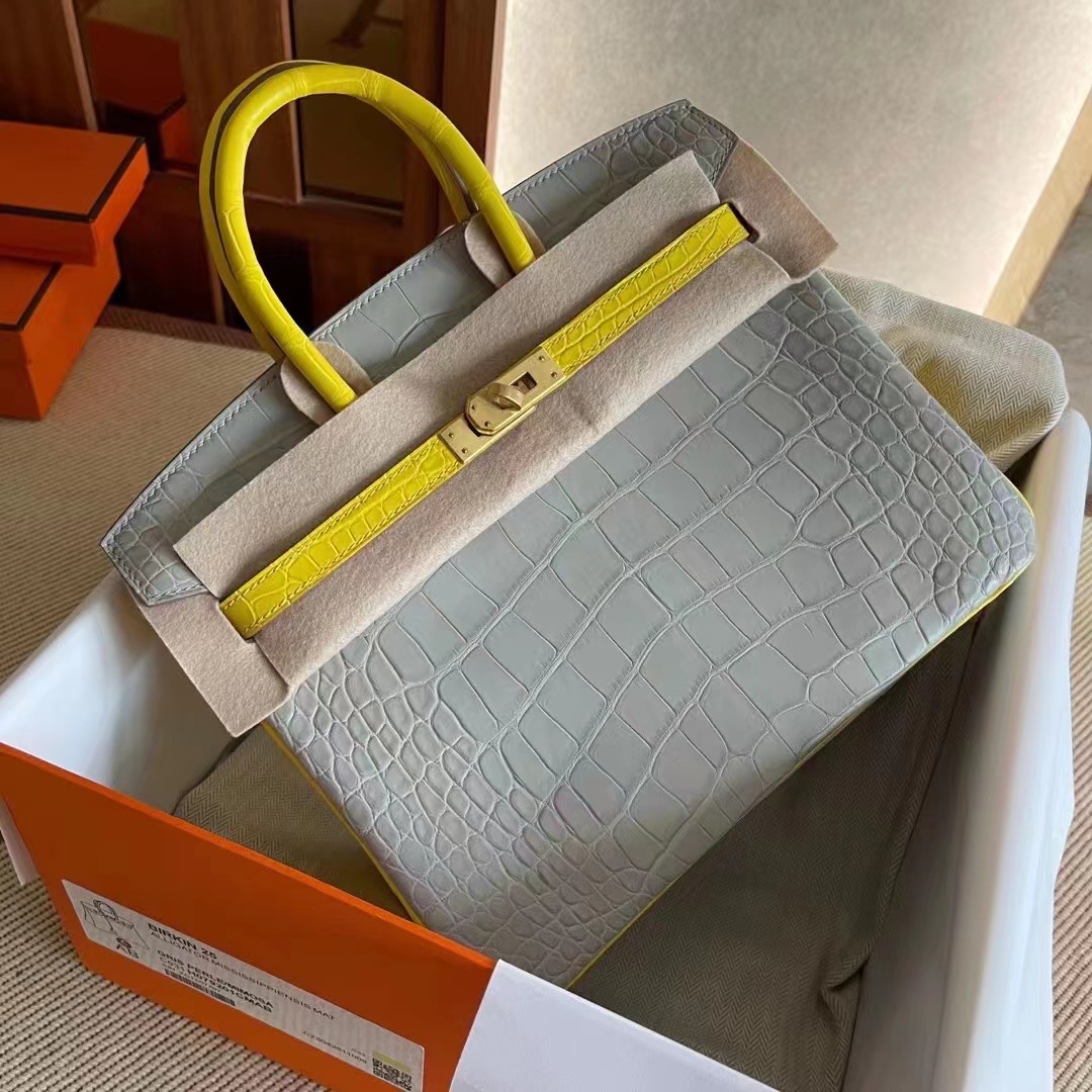 United Arab Emirates HM BK 25cm Matte Alligator Crocodile CC80 Griss Pearl / M9 Mimosa 金盏花黄