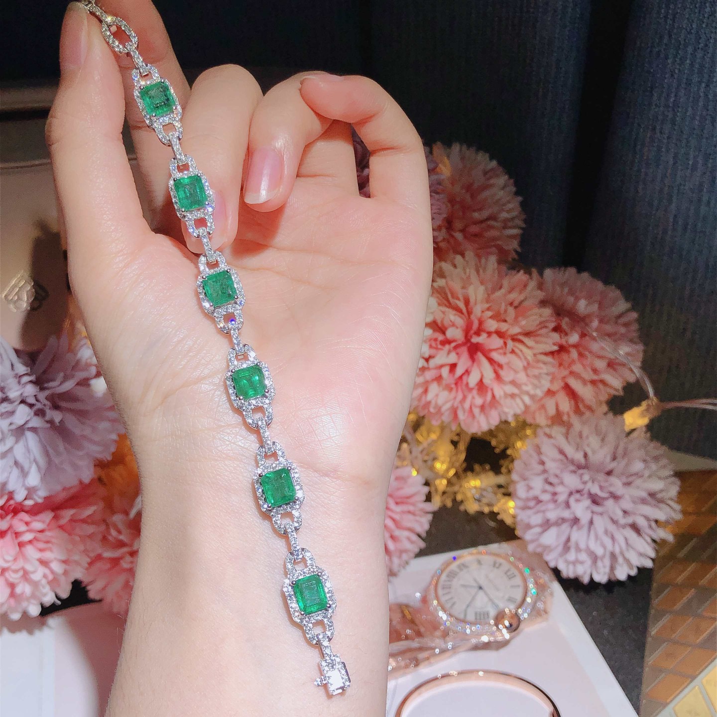 Emerald Bracelet 18k White Gold Set with Natural Diamonds ➕ Emerald Gems
