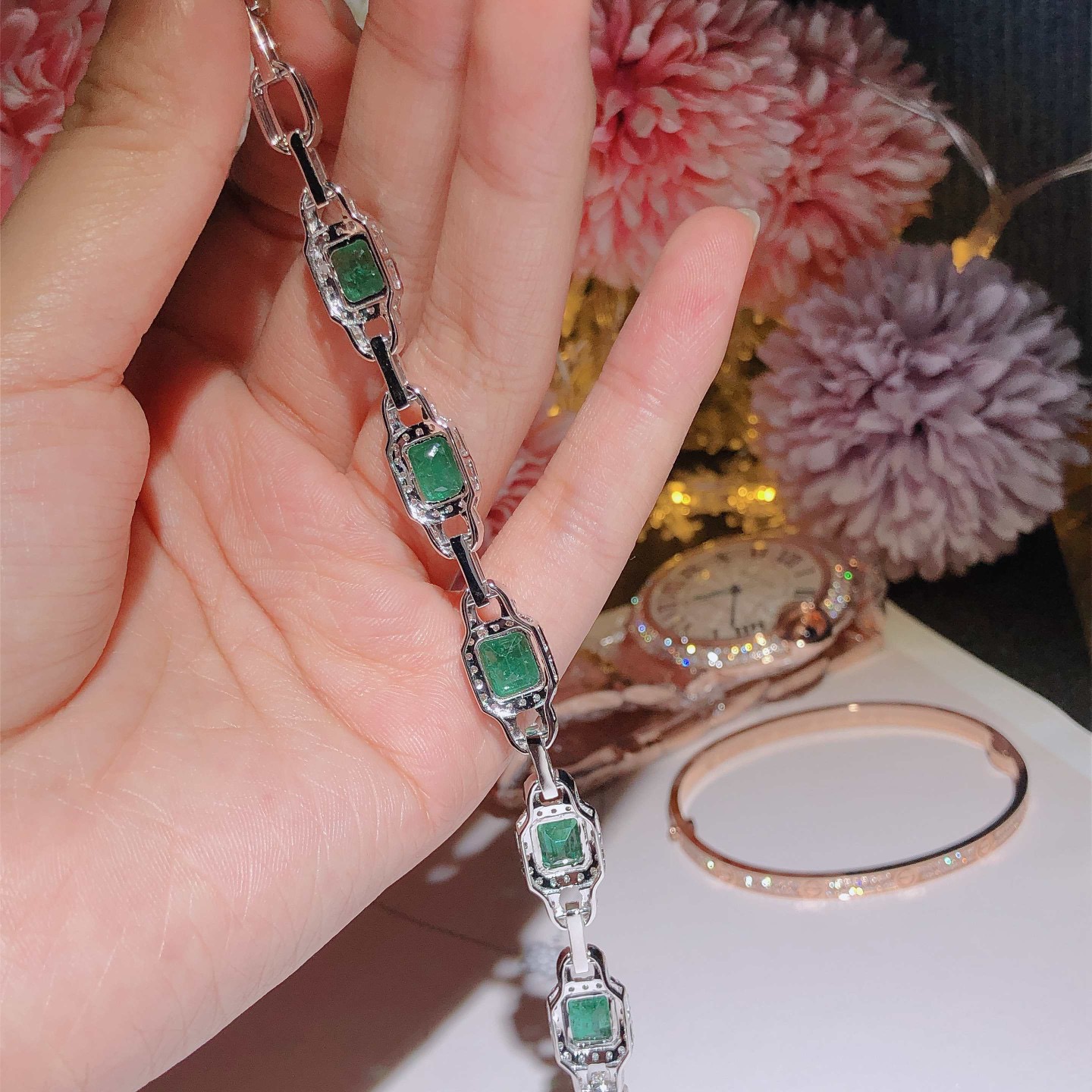 Emerald Bracelet 18k White Gold Set with Natural Diamonds ➕ Emerald Gems-HaiLaBags Emerald Bracelet 18k White Gold Set with Natural Diamonds ➕ Emerald Gems