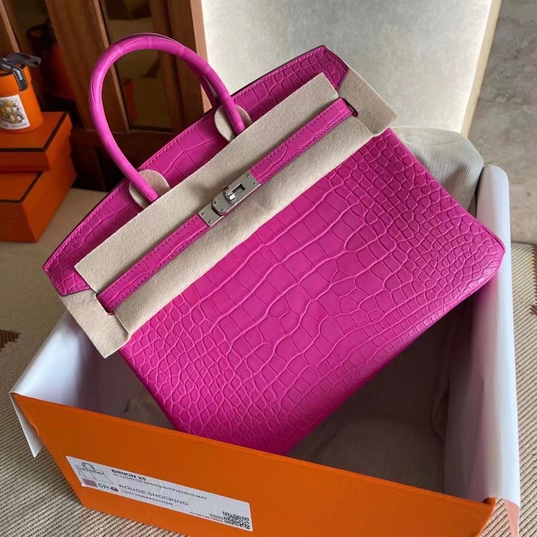 爱马仕铂金包价格 Abu Dhabi UAE HM BK 25cm 5R Rose Shocking 荧光粉色 Matte alligator crocodile 雾面方块 美洲鳄鱼