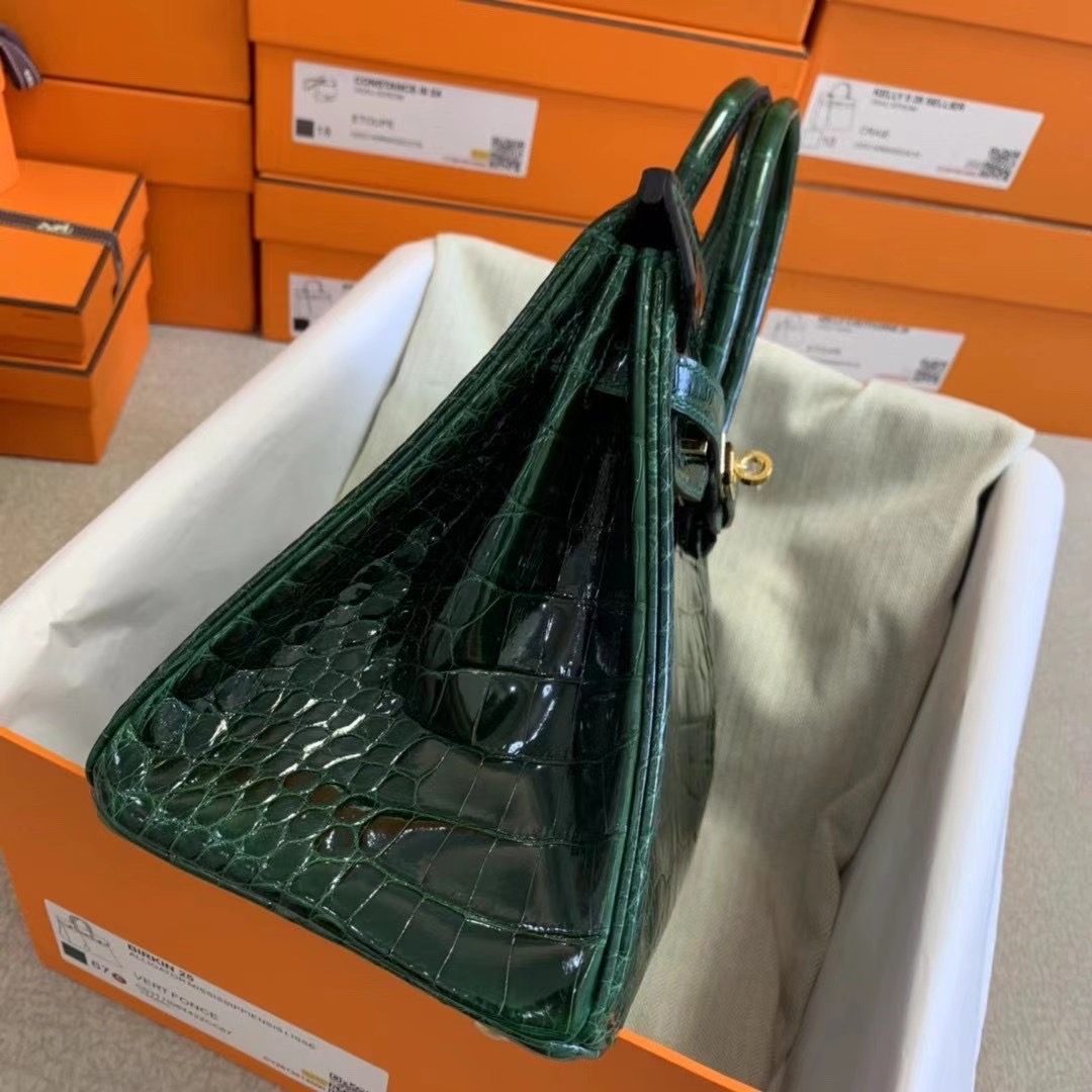HM 亮面方块美洲鳄鱼皮革Shiny Alligator Crocodile CK67祖母绿 Vert Fonce