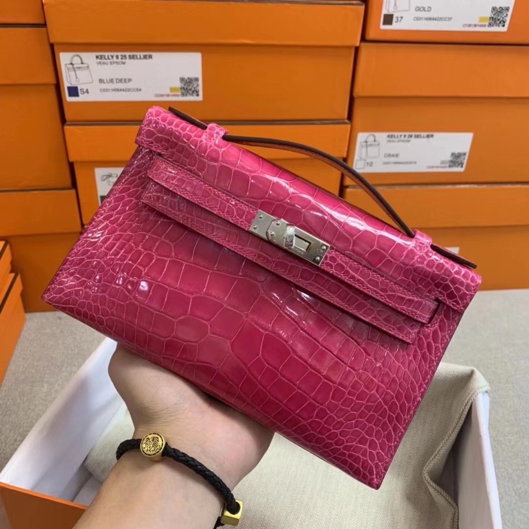 HM MiniKL pochette 22cm E5桃红色 Rose Tyrien 亮面方块 美洲鳄