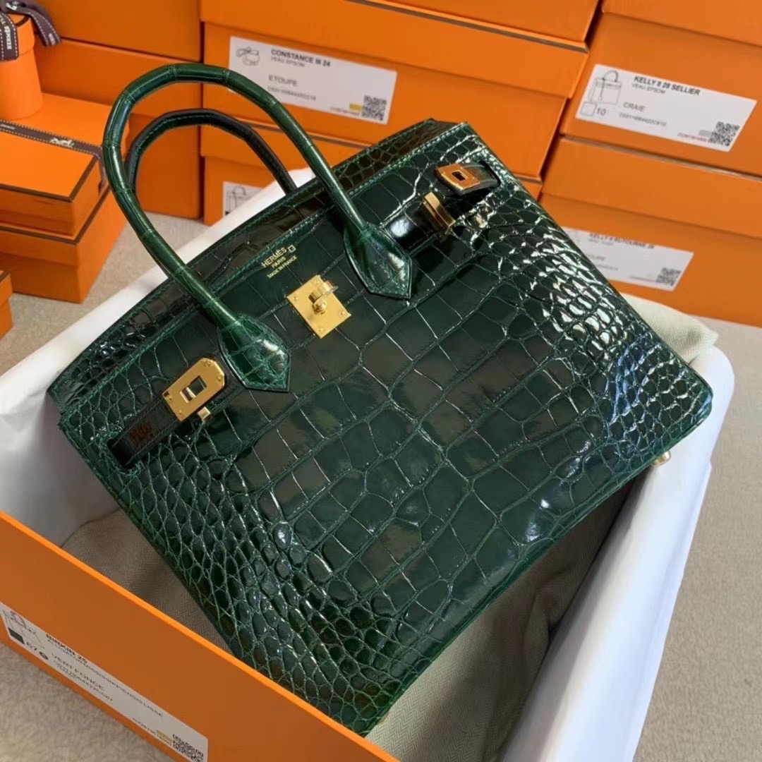 HM 亮面方块美洲鳄鱼皮革Shiny Alligator Crocodile CK67祖母绿 Vert Fonce