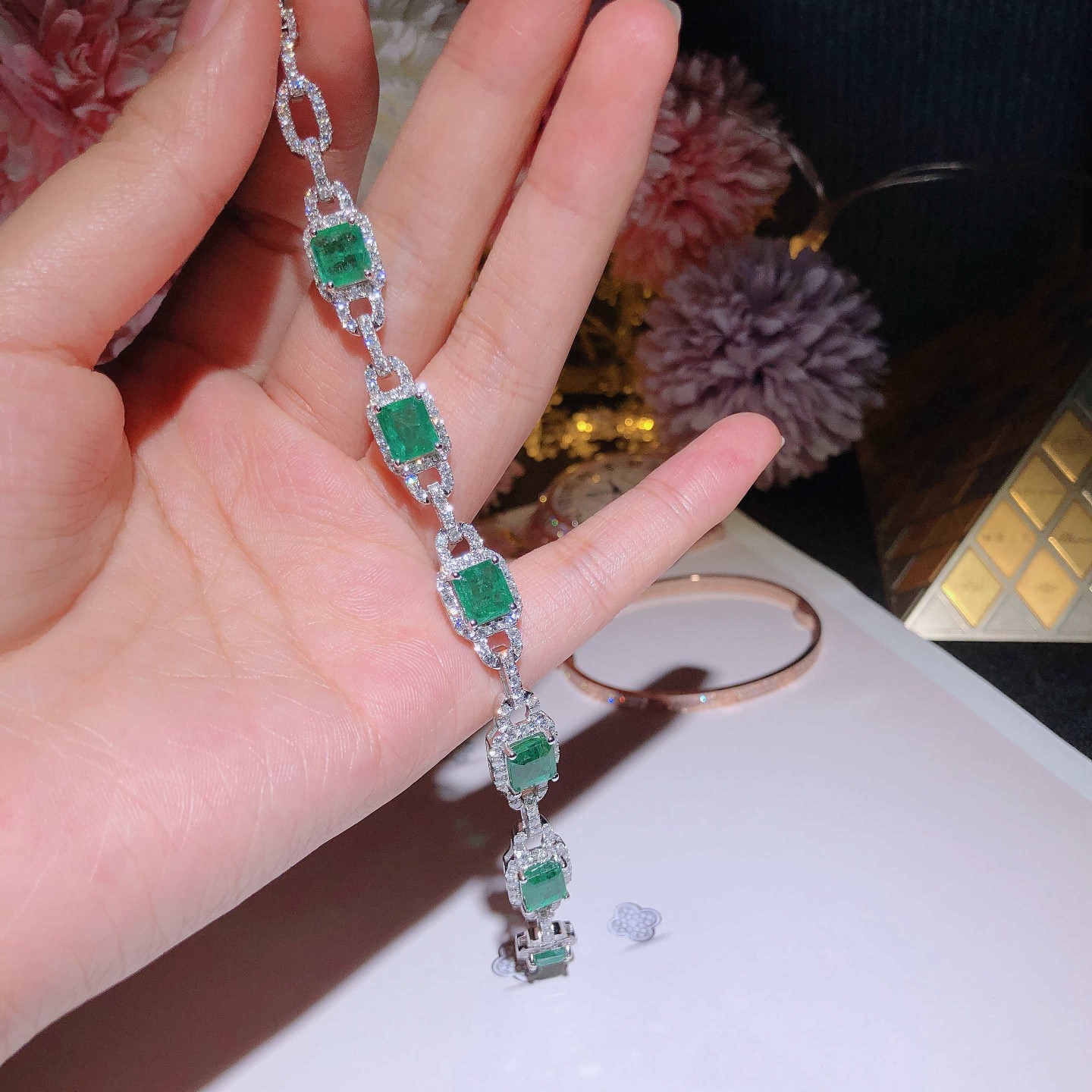 Emerald Bracelet 18k White Gold Set with Natural Diamonds ➕ Emerald Gems