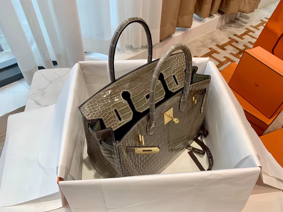 VIP一级品： BK 30cm Alligator湾鳄 M8 Gris asphalt 沥青灰/金扣 手工缝制 臻品鉴赏