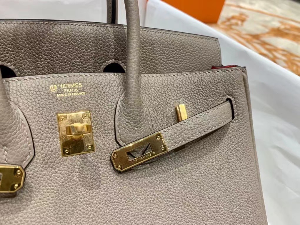 VIP一级品： BK 25cm togo M8 Gris asphalt 沥青灰拼内里大红/金扣 手工缝制 臻品鉴赏