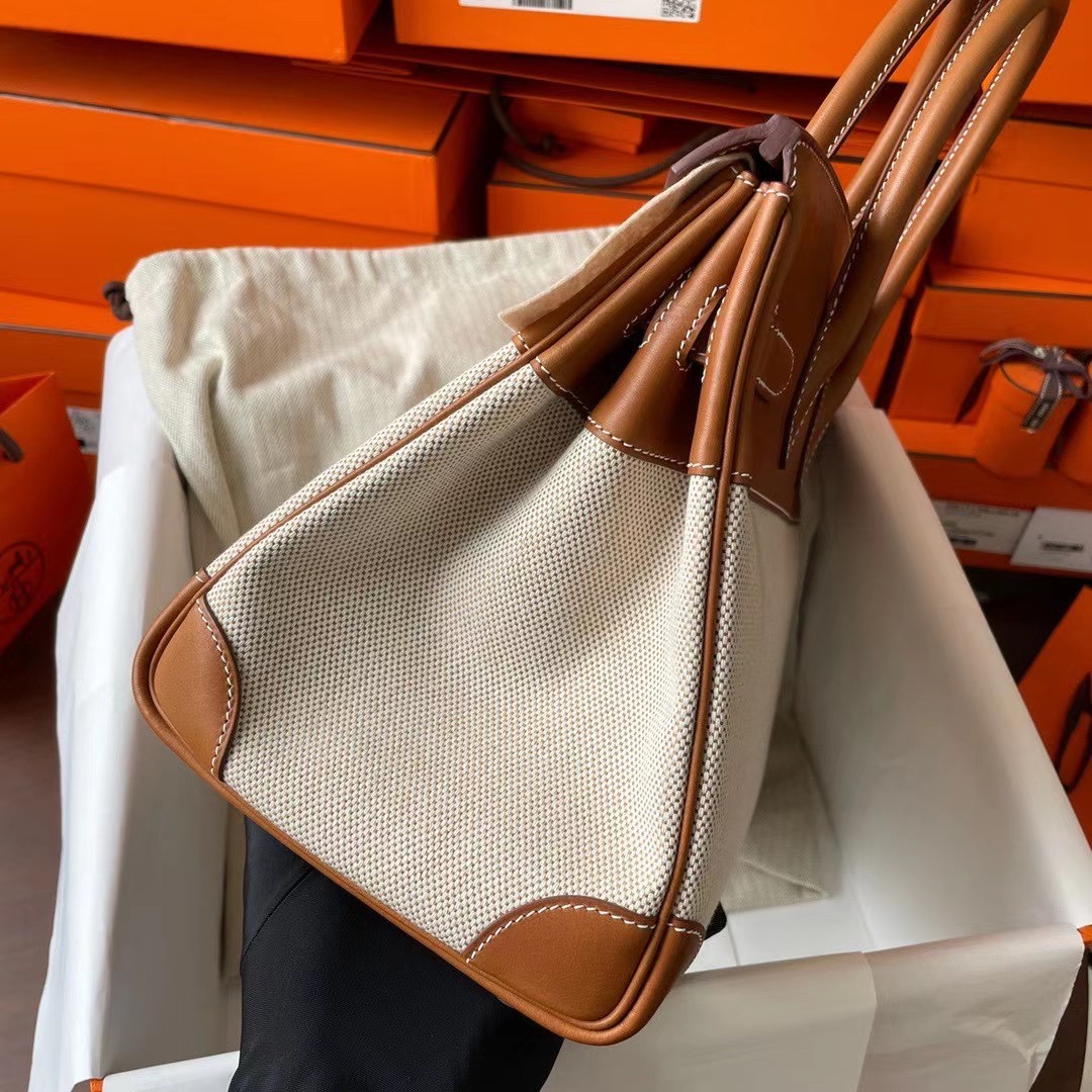 BK 30cm 帆布/Barenia自然色马鞍皮 金扣