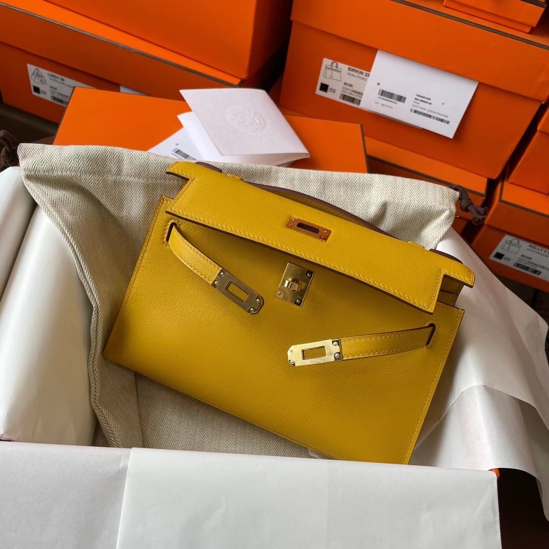 Hong kong hm KL pochette Swift皮 9D amber 琥珀黄 金扣