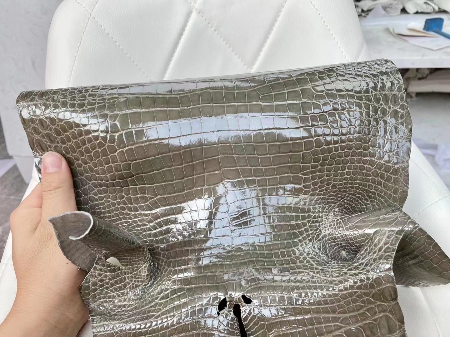 新到皮 亮面倒V 澳洲湾鳄🐊 81 Gris Tourterelle 斑鸠灰 Shiny porosus crocodile  🉑订制：BK 25cm、KL 25cm、接受订制👏