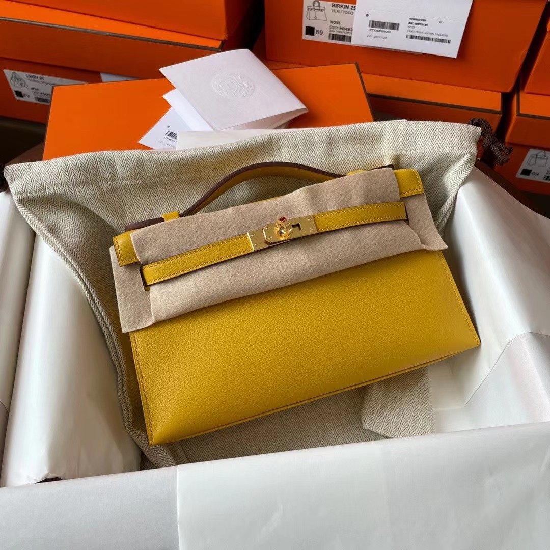 Hong kong hm KL pochette Swift皮 9D amber 琥珀黄 金扣