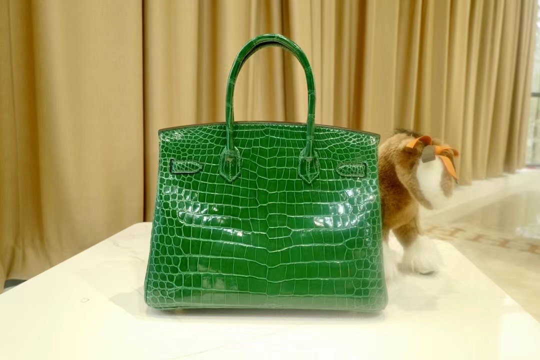 VIP一级品： BK 30cm Porosus 倒V  6Q 翡翠绿/金扣 手工缝制 臻品鉴赏
