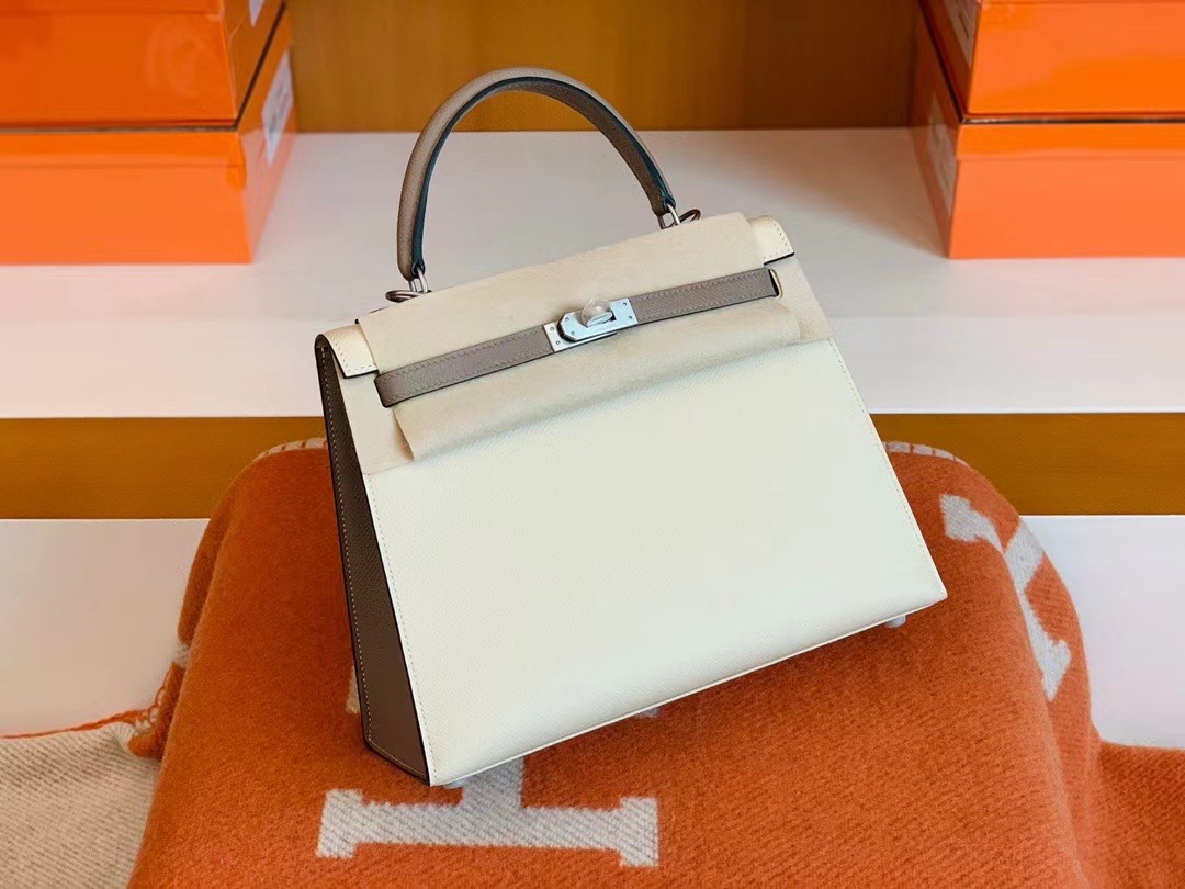 预售：KL 25cm M8沥青灰 GRIS ASPHALTE拼10奶昔白Craie Epsom皮 拉丝银扣 U刻