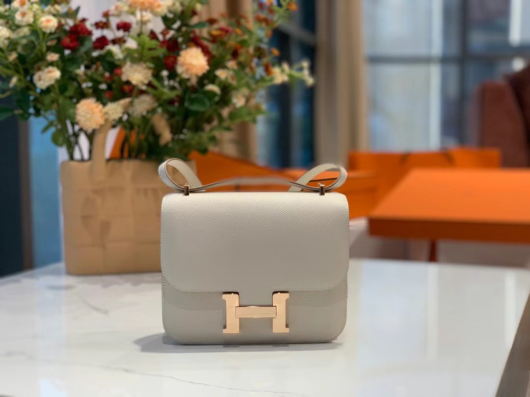 VIP一级品 constance 19cm EPSOM 皮 Craie 10 奶昔白/玫瑰金 手工缝制 臻品鉴赏