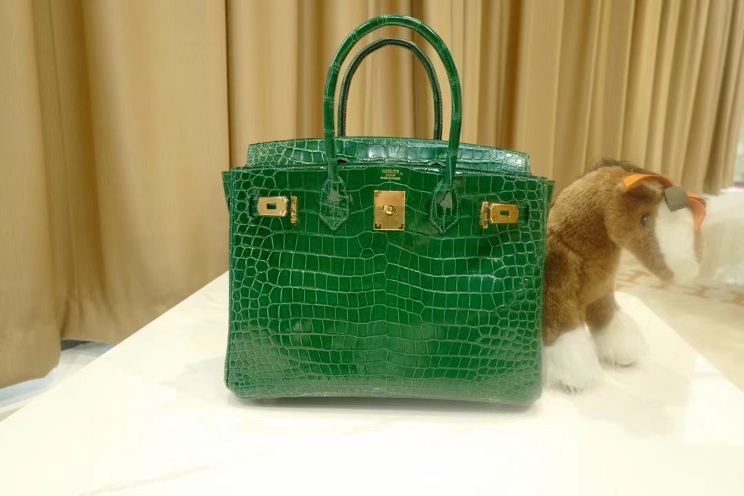 VIP一级品： BK 30cm Porosus 倒V  6Q 翡翠绿/金扣 手工缝制 臻品鉴赏