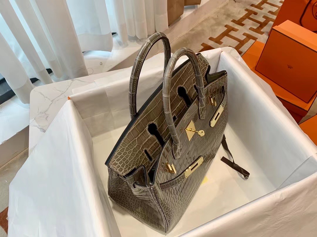 VIP一级品： BK 30cm Alligator湾鳄 M8 Gris asphalt 沥青灰/金扣 手工缝制 臻品鉴赏