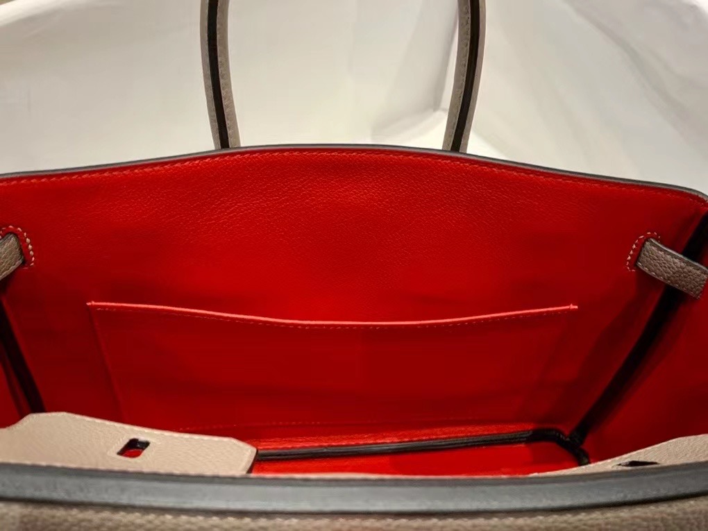 VIP一级品： BK 25cm togo M8 Gris asphalt 沥青灰拼内里大红/金扣 手工缝制 臻品鉴赏
