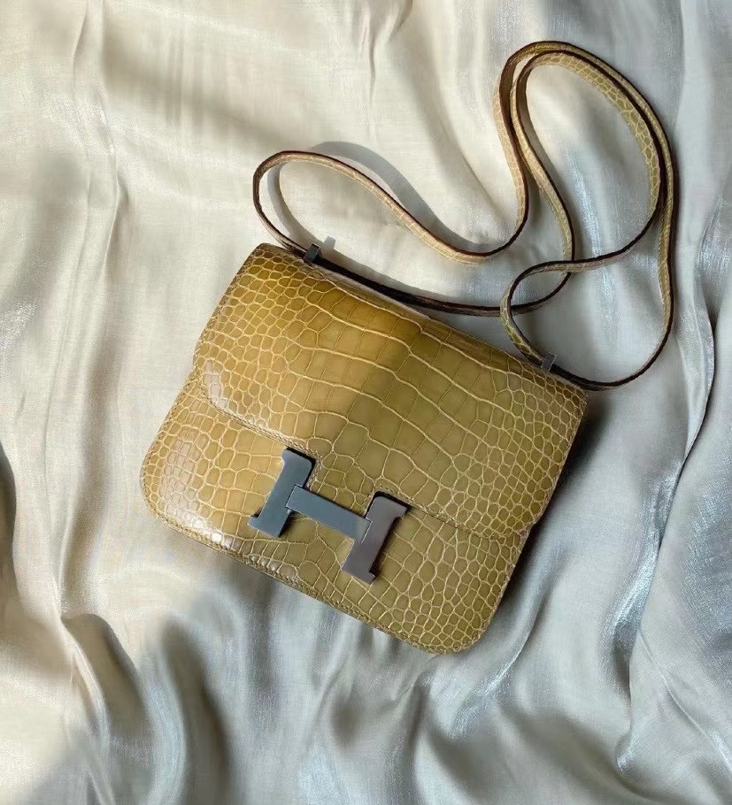 HM Constance 18 Shiny alligator crocodile 1i Beige 1i裸沙色/银扣