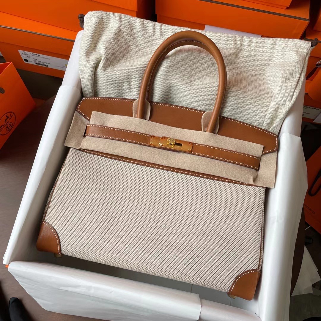 BK 30cm 帆布/Barenia自然色马鞍皮 金扣