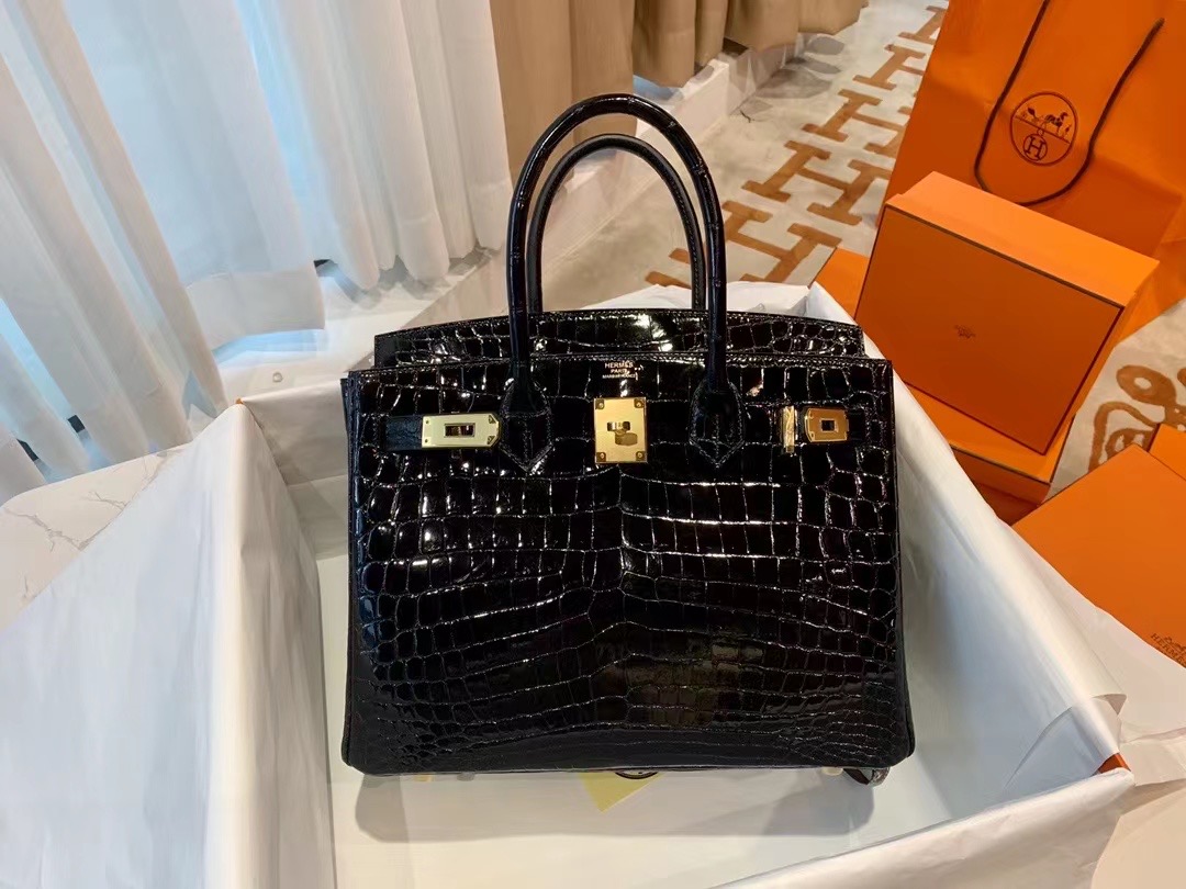 VIP一级品 Binkin30cm  98 Noir 黑/金扣 Nile crocodile一级野尼罗鳄鱼皮 原版蜜蜡线 顶级手缝