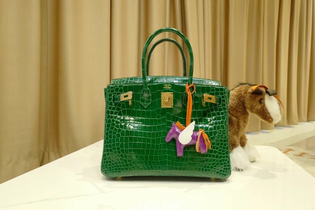 VIP一级品： BK 30cm Porosus 倒V  6Q 翡翠绿/金扣 手工缝制 臻品鉴赏