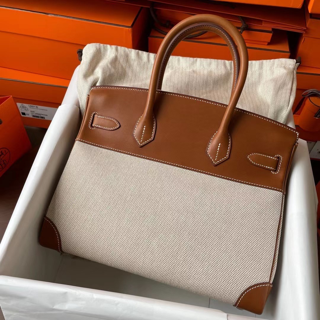 BK 30cm 帆布/Barenia自然色马鞍皮 金扣