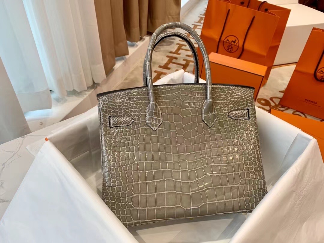 VIP一级品： BK 30cm Alligator湾鳄 M8 Gris asphalt 沥青灰/金扣 手工缝制 臻品鉴赏