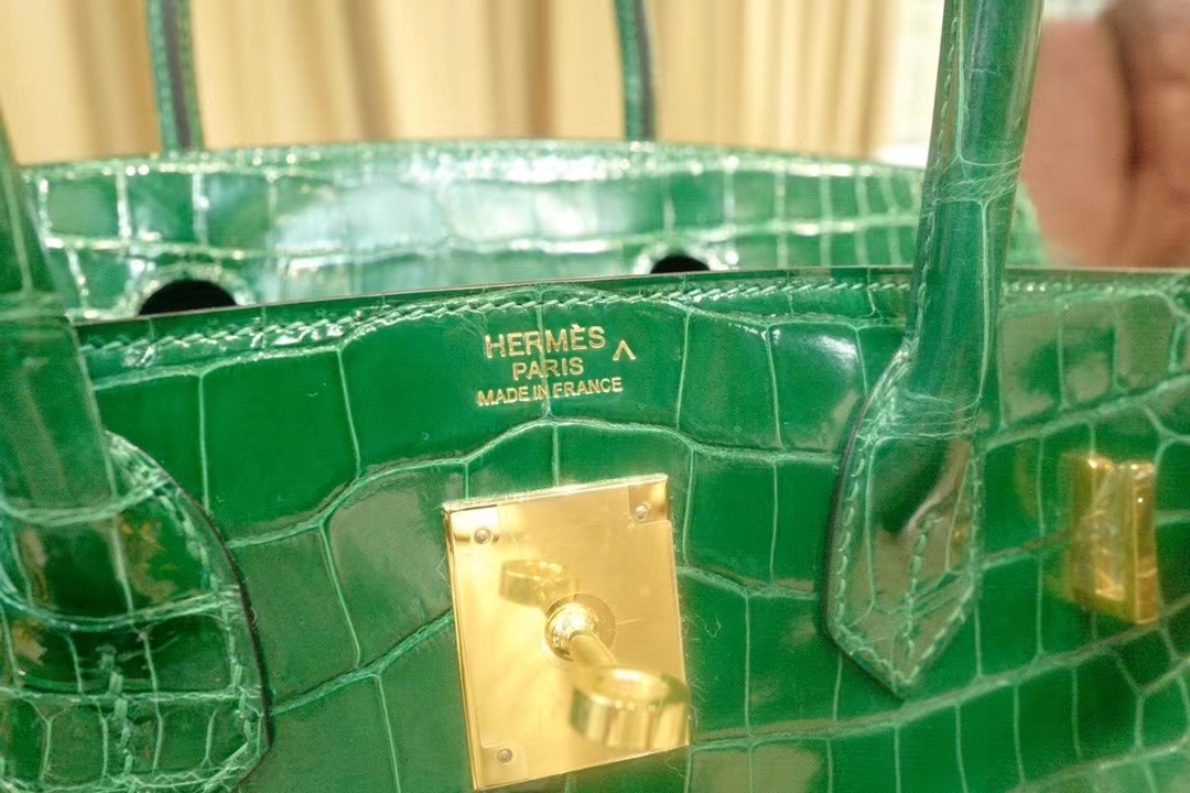 VIP一级品： BK 30cm Porosus 倒V  6Q 翡翠绿/金扣 手工缝制 臻品鉴赏