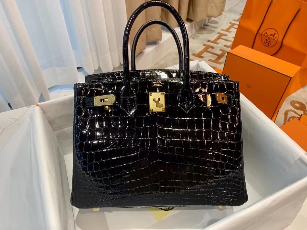 VIP一级品 Binkin30cm  98 Noir 黑/金扣 Nile crocodile一级野尼罗鳄鱼皮 原版蜜蜡线 顶级手缝