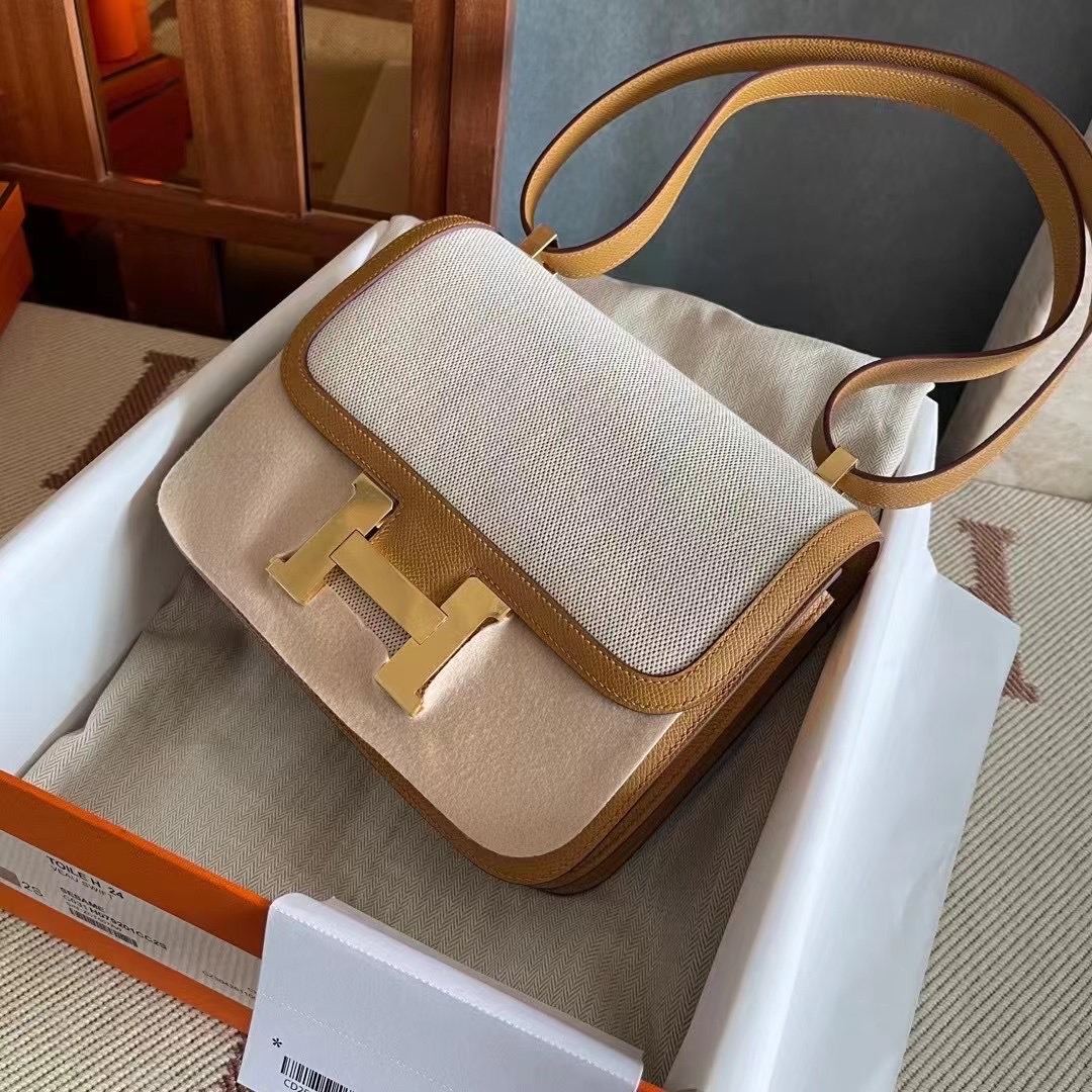 HM constance  24 帆布拼epsom  2S芝麻黄  金