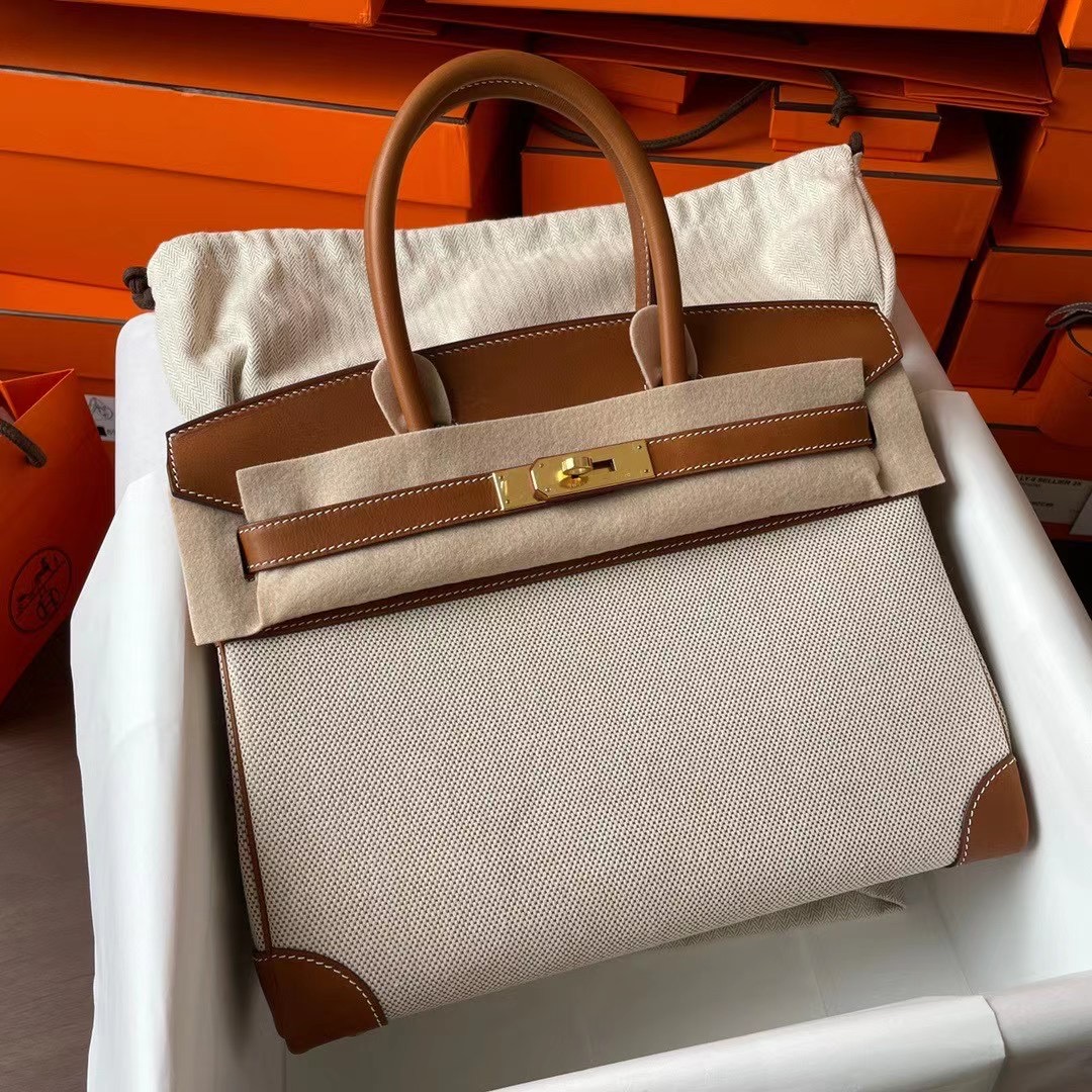 BK 30cm 帆布/Barenia自然色马鞍皮 金扣