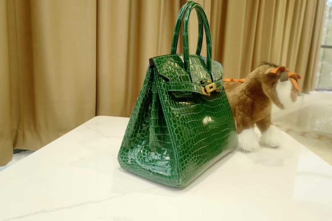 VIP一级品： BK 30cm Porosus 倒V  6Q 翡翠绿/金扣 手工缝制 臻品鉴赏