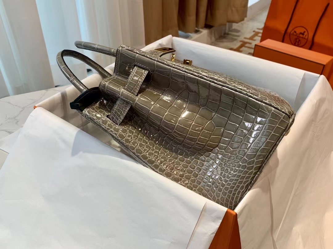 VIP一级品： BK 30cm Alligator湾鳄 M8 Gris asphalt 沥青灰/金扣 手工缝制 臻品鉴赏