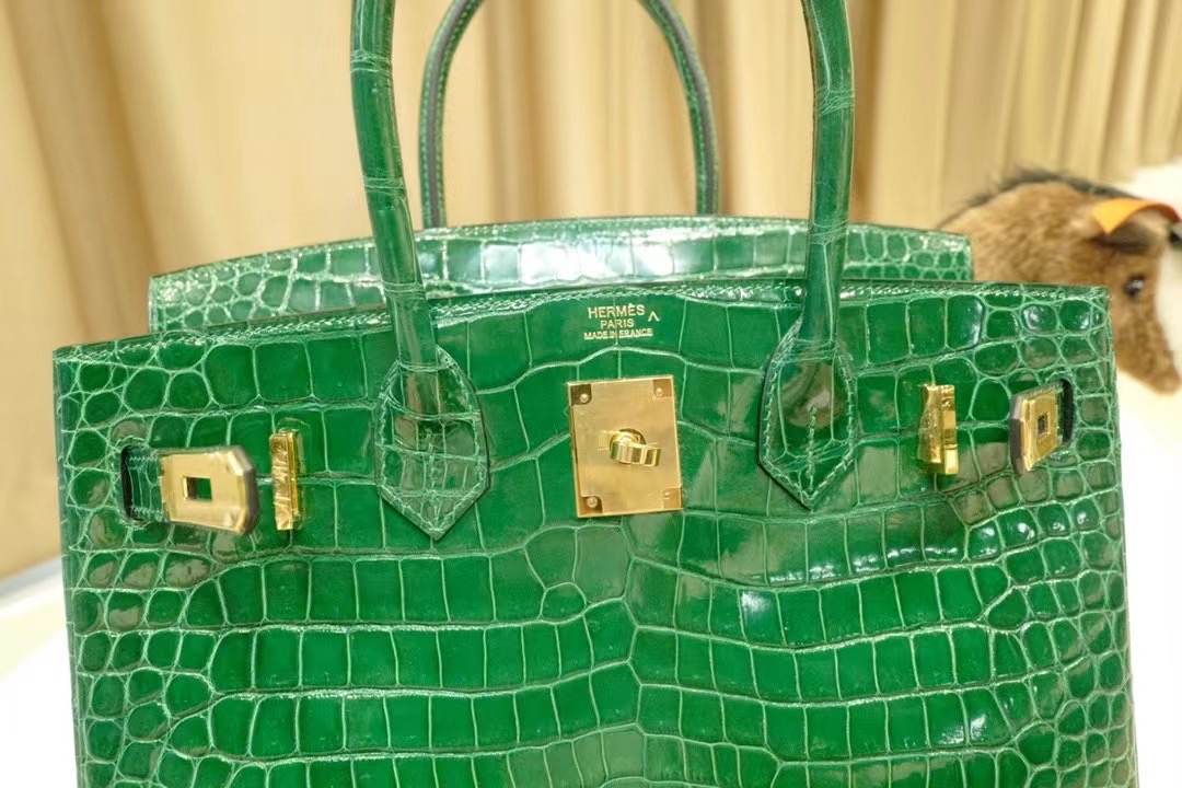 VIP一级品： BK 30cm Porosus 倒V  6Q 翡翠绿/金扣 手工缝制 臻品鉴赏
