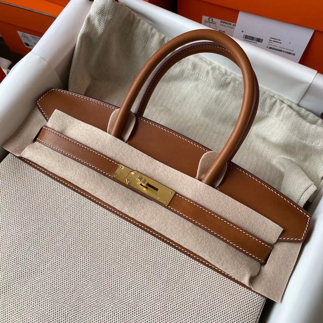 BK 30cm 帆布/Barenia自然色马鞍皮 金扣