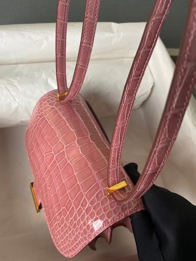 Constance 19｜Alligator/美洲鳄  方块♦ 樱花粉🌸🪐金扣  Shinny 亮面