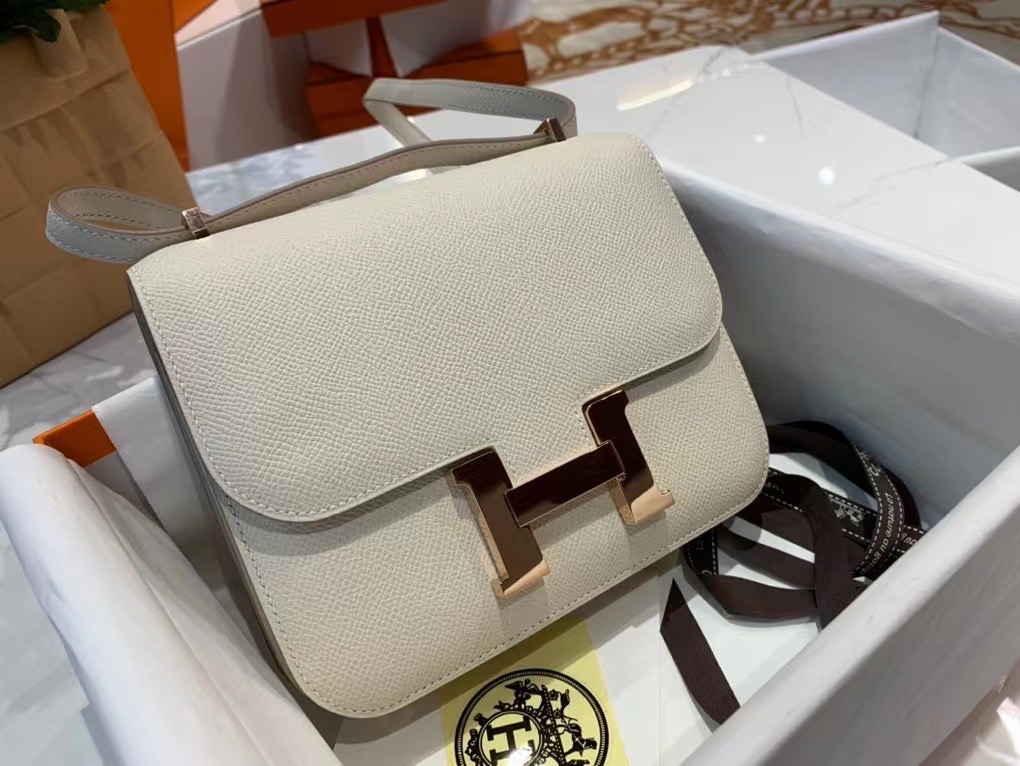 VIP一级品 constance 19cm EPSOM 皮 Craie 10 奶昔白/玫瑰金 手工缝制 臻品鉴赏