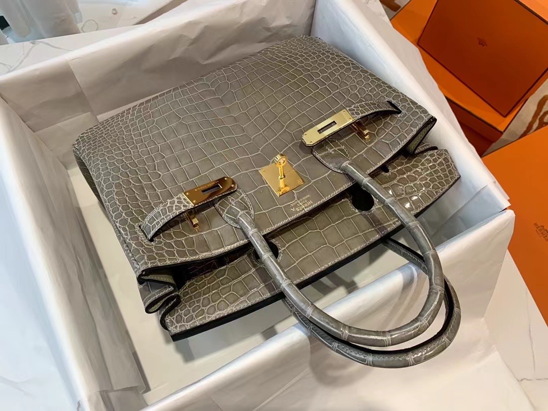 VIP一级品： BK 30cm Alligator湾鳄 M8 Gris asphalt 沥青灰/金扣 手工缝制 臻品鉴赏