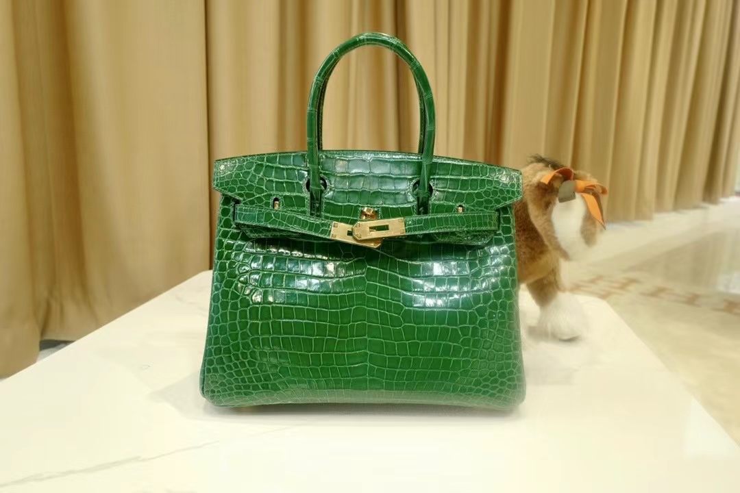 VIP一级品： BK 30cm Porosus 倒V  6Q 翡翠绿/金扣 手工缝制 臻品鉴赏