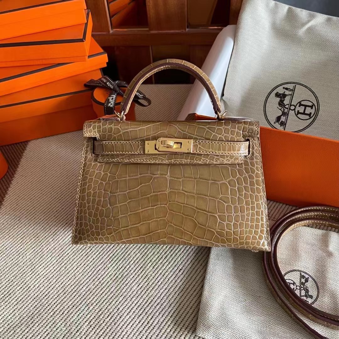 HM Mini KL Shiny alligator crocodile 1i Beige 1i裸沙色/银扣