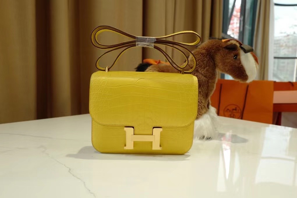 Hongkong HM Constance 19cm 雾面方块鳄鱼  9O jaune de naples那不勒斯黄/金扣