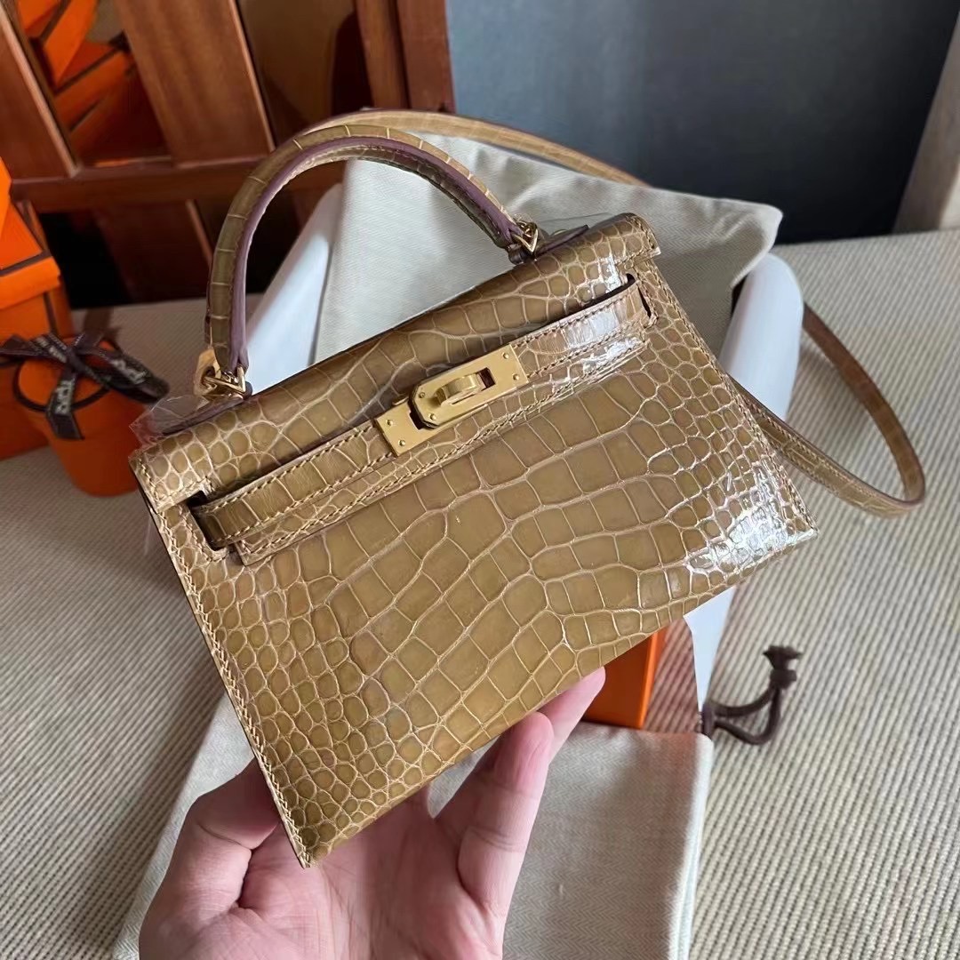 HM Mini KL Shiny alligator crocodile 1i Beige 1i裸沙色/银扣