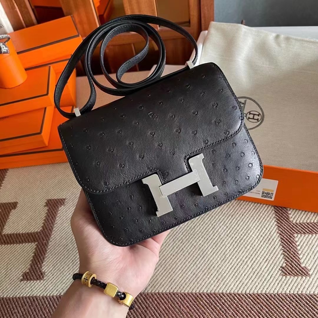Qatar Doha HM Constance 18cm Ostrich 89 Noir 黑色 Phw